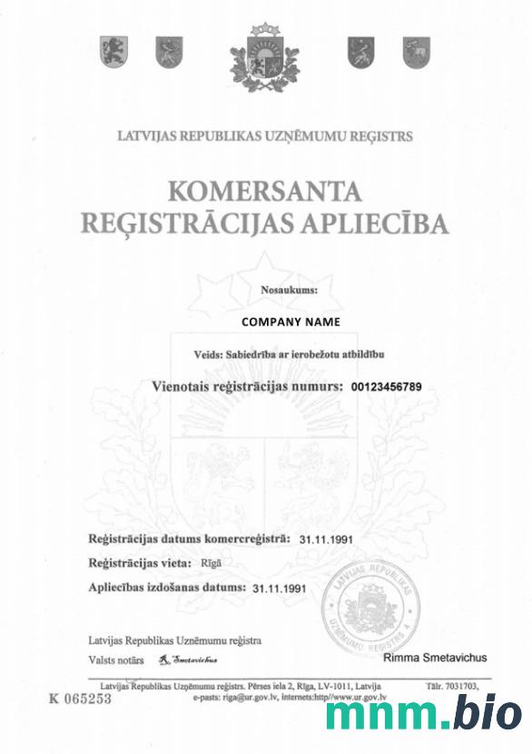 Łotwa certyfikat rejestracji Word i PDF szablon